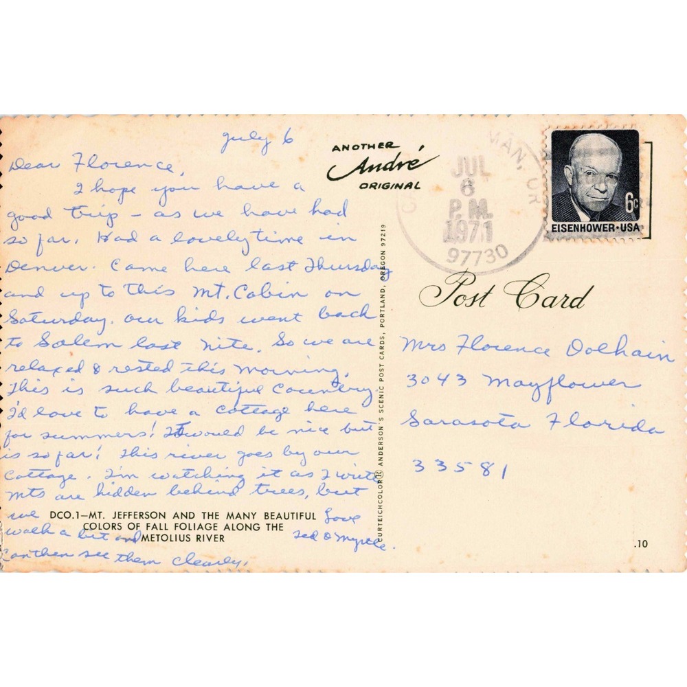 Vintage Mount Jefferson Central Oregon Metolius River Postcard 1971 Postmark - Picture 2 of 2